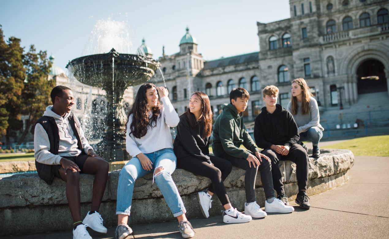 Senior students at the Parliament Buildings fountain