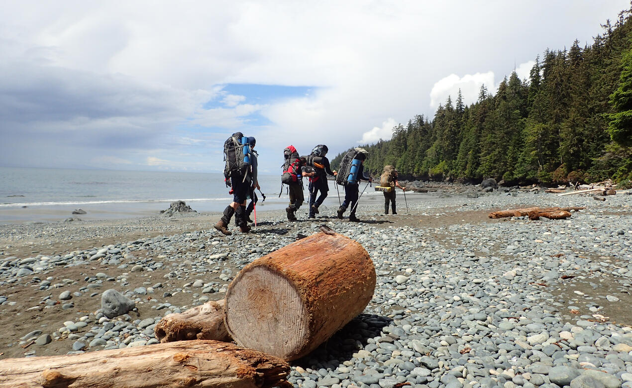 Experiential students hiking on a beach