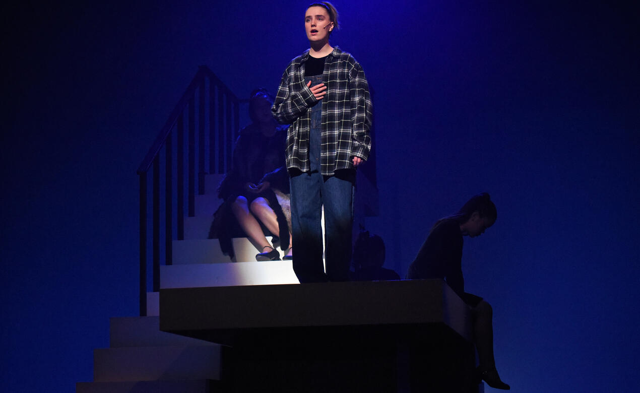 A Senior School student performs a song from the musical Dear Evan Hansen during the 2022 musical, SMUS Revue '22.