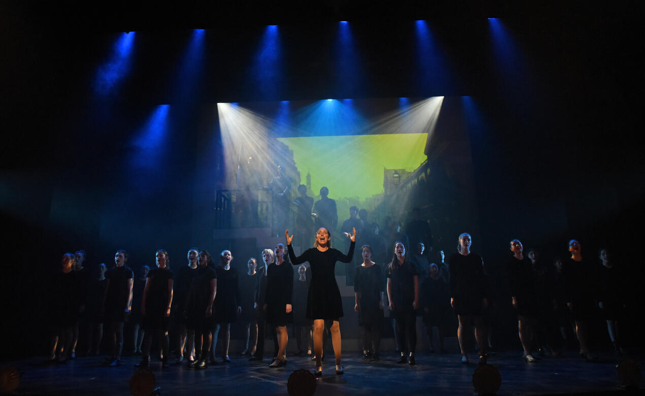 Senior School students perform a song from the musical Les Misérables during the 2022 musical, SMUS Revue '22.