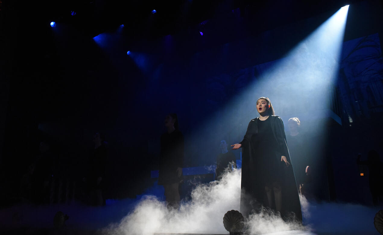 A Senior School student performs a song from the musical The Phantom of the Opera during the 2022 musical, SMUS Revue '22.