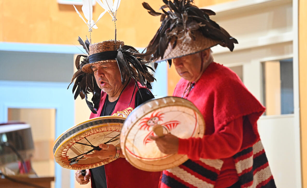 Wes Edwards and William White drum and sing during the Junior School National Day for Truth and Reconciliation ceremony