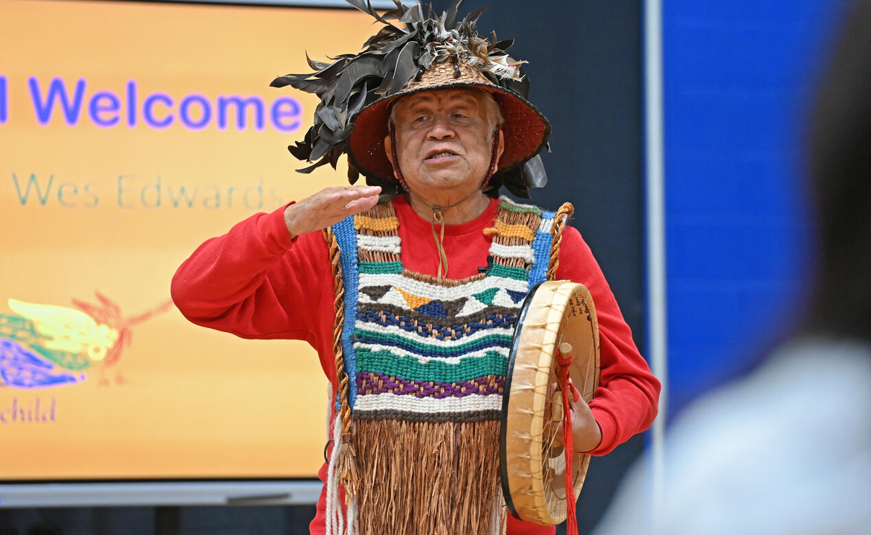 Elder Bill White speaks during the Senior School National Day for Truth and Reconciliation ceremony