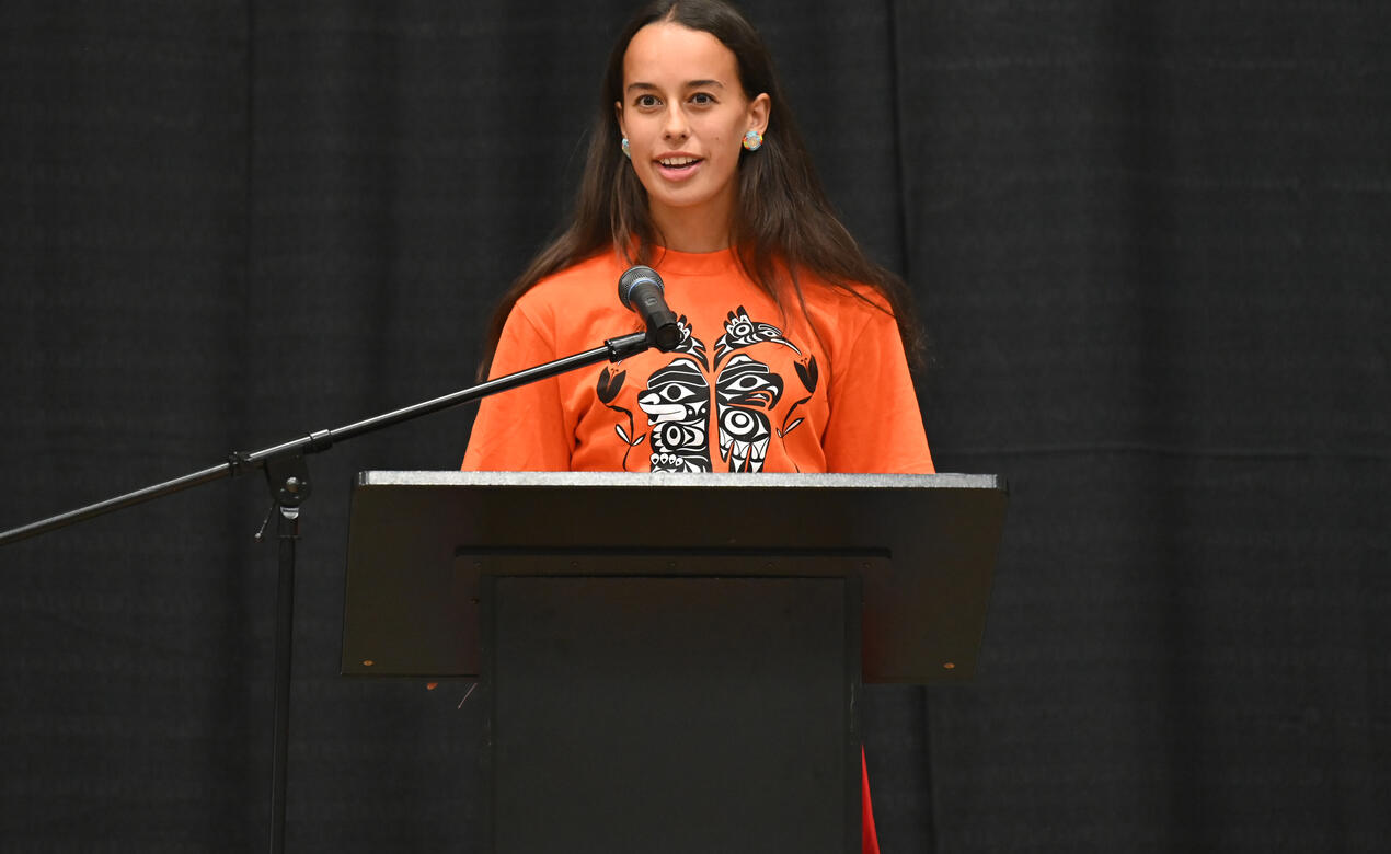Senior School Naashkii Soler speaks during the National Day for Truth and Reconciliation ceremony at the Senior School
