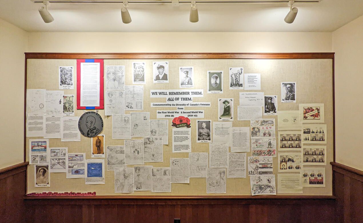 A display in the Snowden Library of Canadian veterans that reads "We will remember them. All of them"