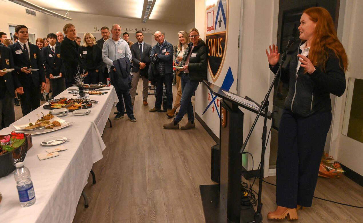 Sarah Hagkull speaks to the rowing community at the Derby facility