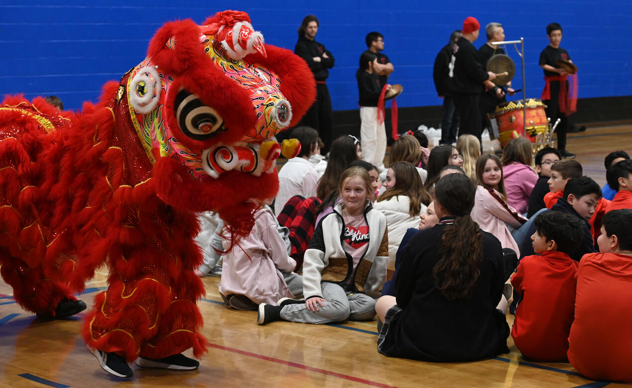 Students look on as a lion dances past