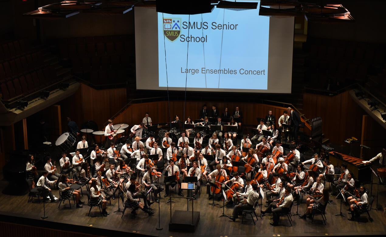 Students sit on stage awaiting the start of the concert