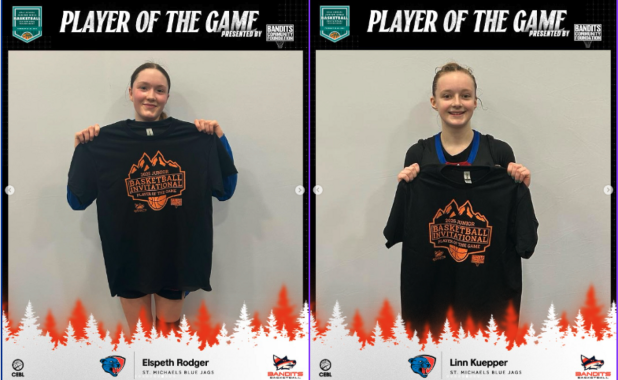 Two Junior Girls players hold up their Player of the Game T-Shirts.