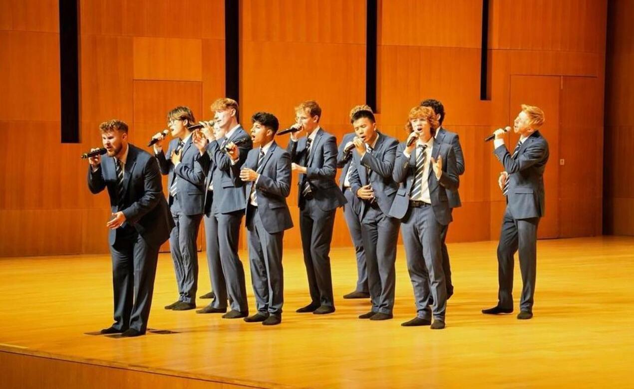 Theodore Young '21 performing with Oxford A Capella group Out of the Blue