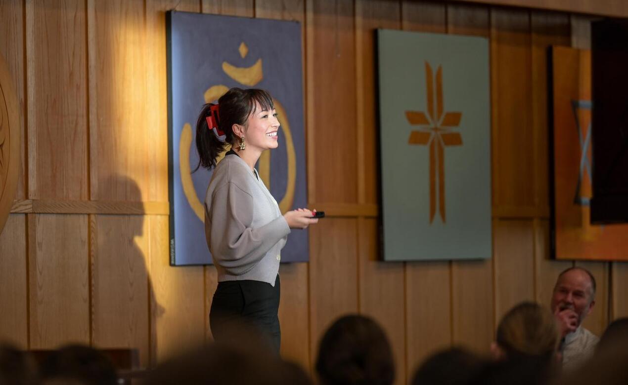Alumna Andini Makosinski '15 speaks to Middle School students at St. Michaels University School