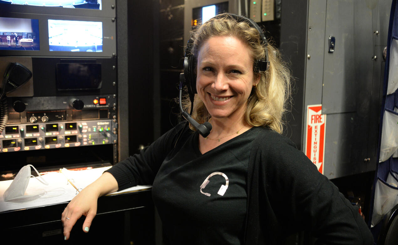 SMUS teacher Stephanie Geehan behind the stage at the McPherson Playhouse during a Grade 5 musical