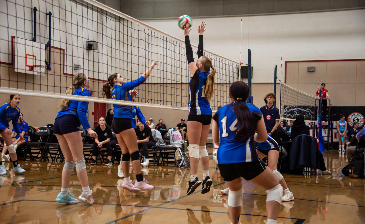 A volleyball player in a blue and black jersey jumps at the net to set the ball as teammates and opponents look on during a match in a gym.