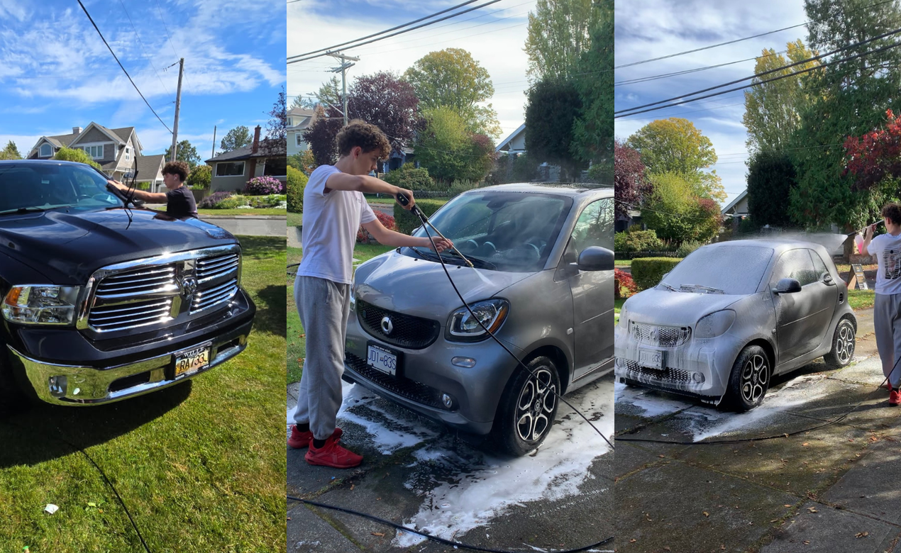 Three photos side by side of Lincoln Wuth washing cars