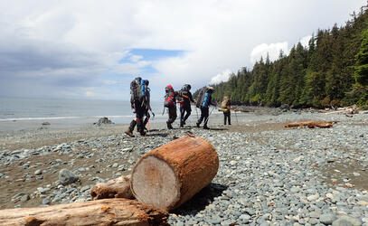 Experiential students hiking on a beach