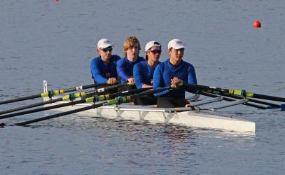 A men's quad competes during the Elk Lake Regatta.