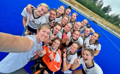 The Senior Girls Field Hockey team poses for a selfie
