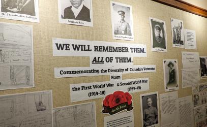 A display in the Snowden Library of Canadian veterans that reads "We will remember them. All of them"