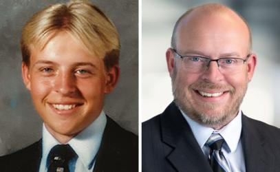 Side-by-side photos of alum Neil Mulholland as a student and as an adult