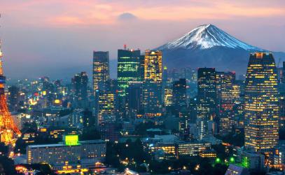 tokyo at twilight with mount fuji in background