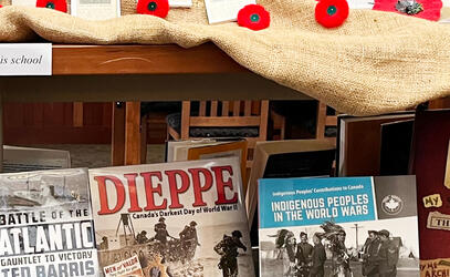A book on Indigenous Canadian veterans on display for SMUS' Remembrance Day week at the Snowden Library. 