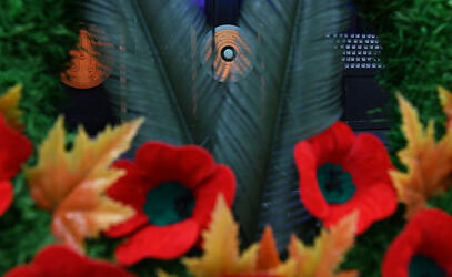 An up-close image of SMUS annual Remembrance Day ceremonial wreath and poppies