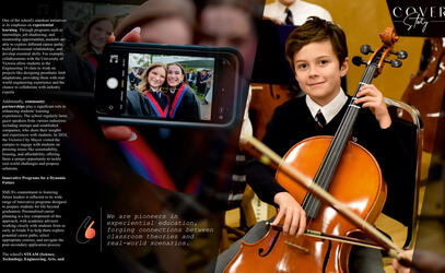 A student plays the cello and grads take a selfie in a magazine spread