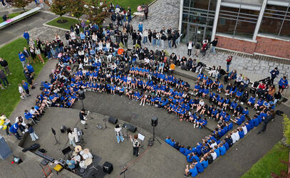 SS student band plays outdoors for the arrival of the Cops for Cancer Tour de Rock team's arrival