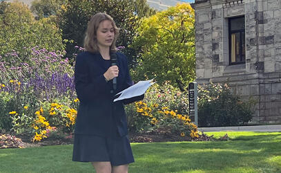Senior School student Beatrice Sharpe holds climate protest at BC Legislature