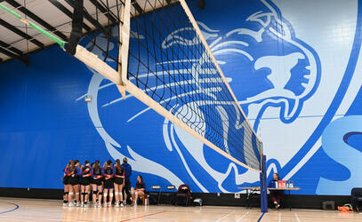 The Senior Girls Volleyball team stand in a huddle beneath the Blue Jag mural