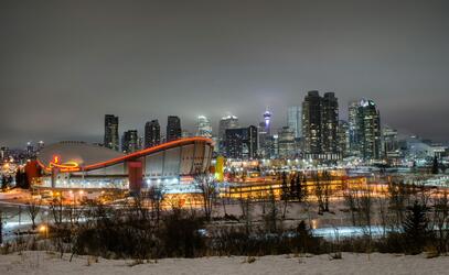 Calgary skyline at night in winter