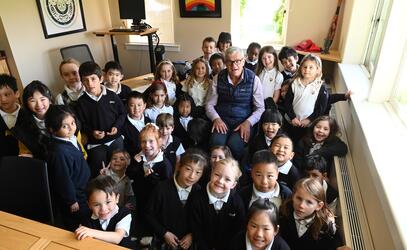 Both Grade 1 classes squeeze in to Mr. Turner's Head Office for a photo