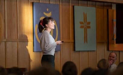 Alumna Andini Makosinski '15 speaks to Middle School students at St. Michaels University School