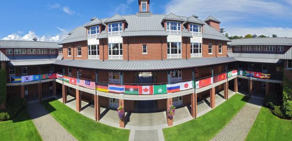Many country flags hanging from Crothall building