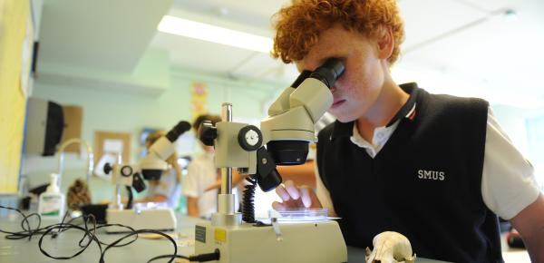 Middle School student using the microscope