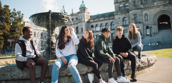 Senior students at the Parliament Buildings fountain