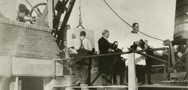 Archive photo of the School House cornerstone being laid