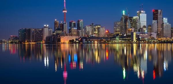 Toronto skyline over the canal at night
