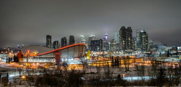 Calgary skyline at night in winter