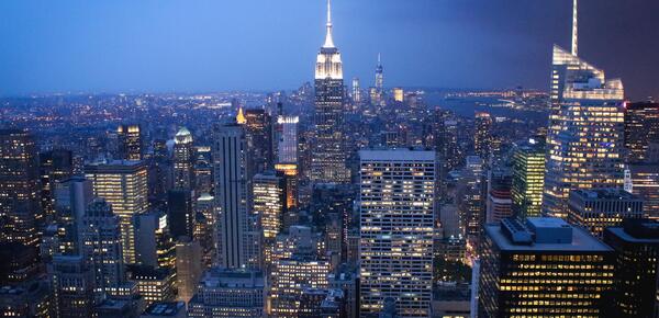 New York city lit up in twilight
