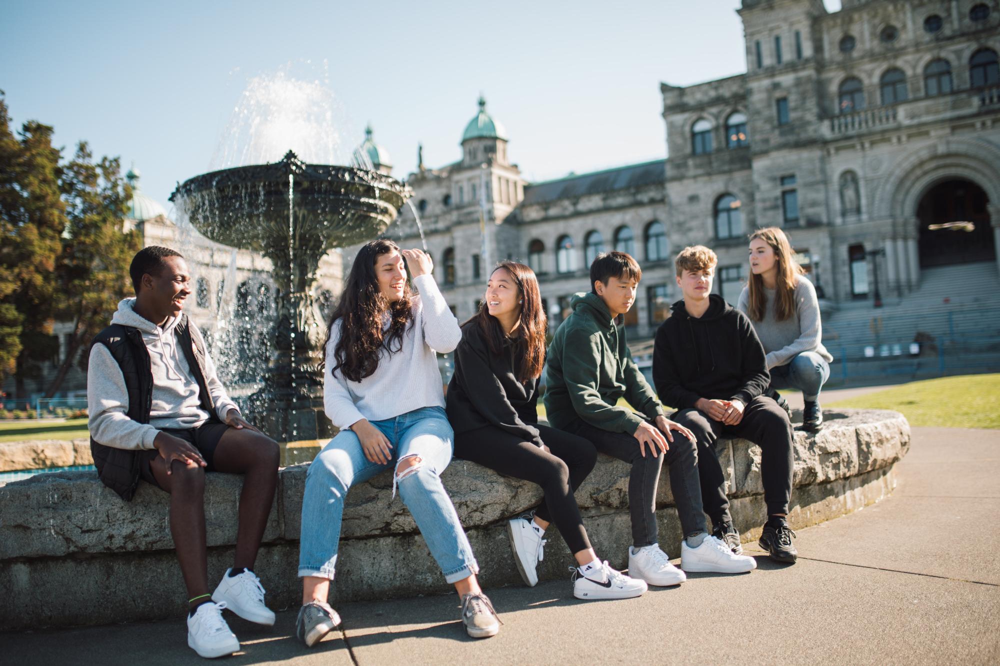 Senior students at the Parliament Buildings fountain