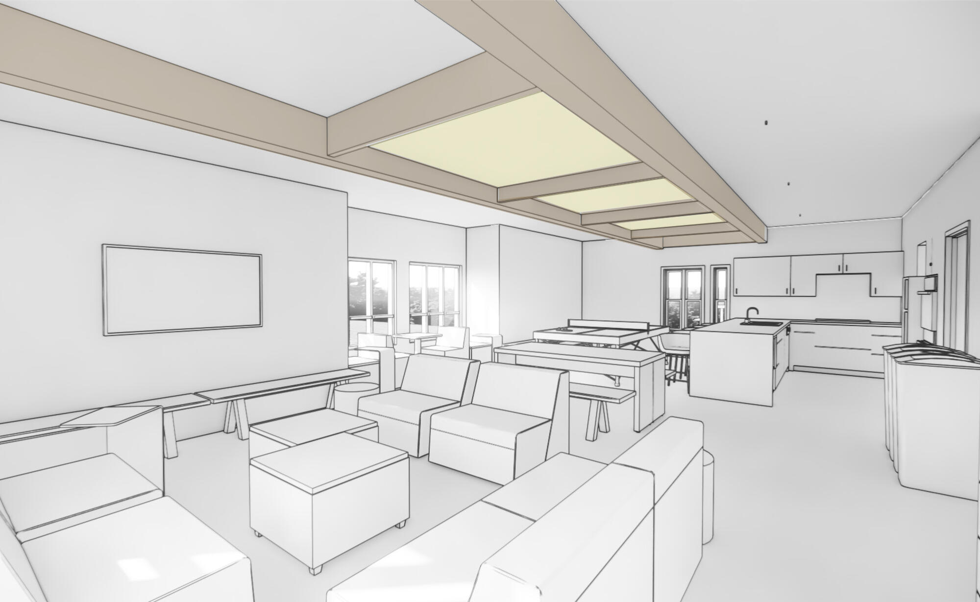 A digital rendering of a renovated SMUS boarding common room.