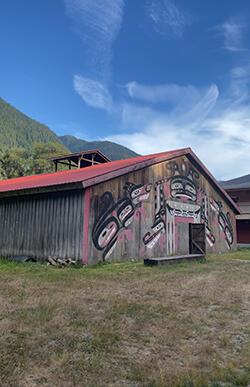A photo of the Gway'i Bighouse in Kingcome Inlet