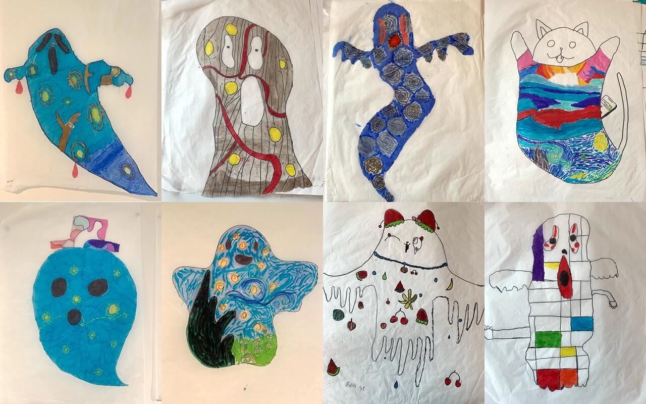 A collection of eight drawings and paintings from Junior School students depicting various ghosts and Halloween creatures.