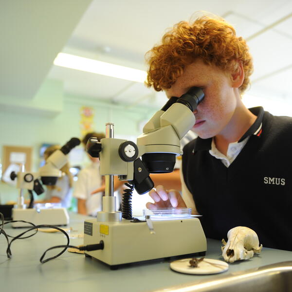 Middle School student using the microscope