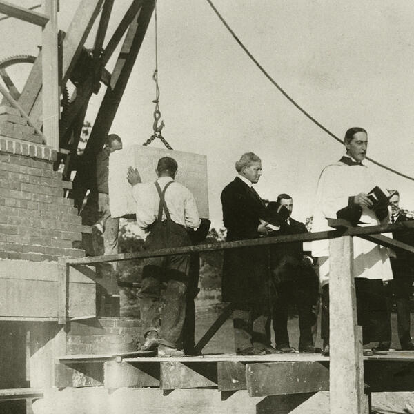 Archive photo of the School House cornerstone being laid