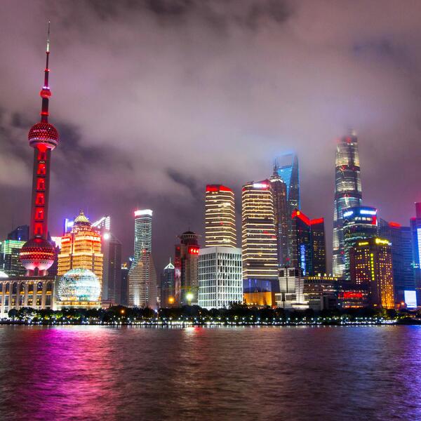 Shanghai skyline lit up at night
