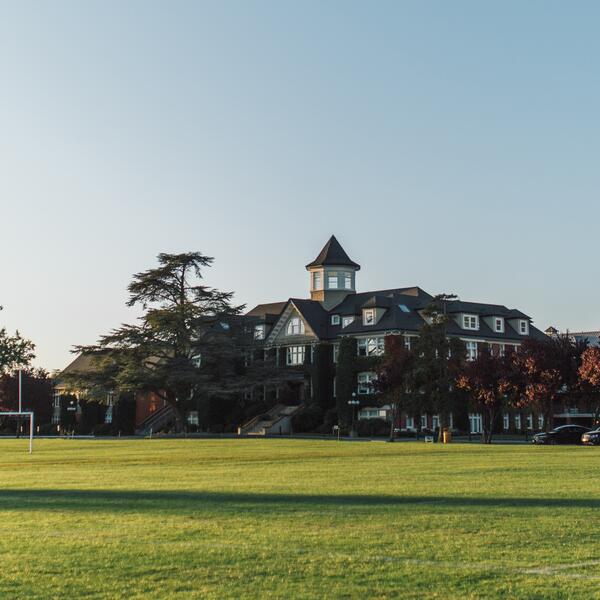 A view of the School House building from the playing field. 