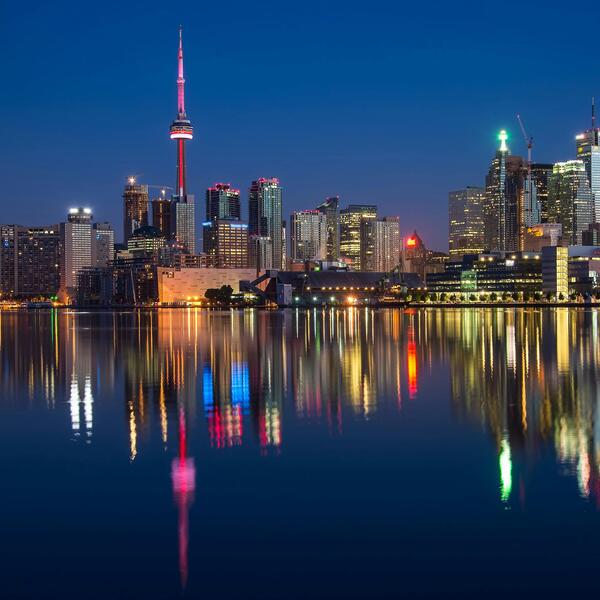 Toronto skyline over the canal at night