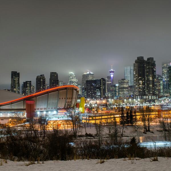 Calgary skyline at night in winter